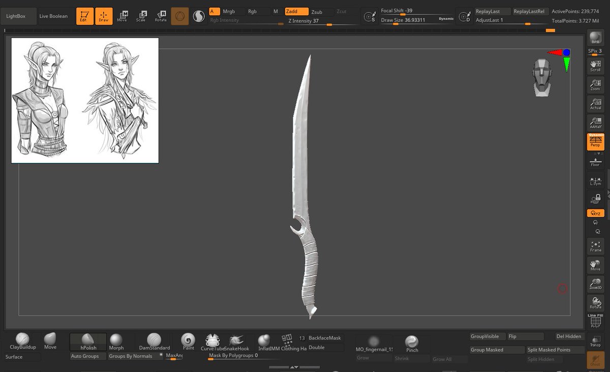 Splanyic's tweet image. Today I finished the base for the dagger and sculpted the leaves for the cloak — I’ll bake them later during the texturing stage.
Just a bit more polish on the high-poly meshes, and then I can finally move on to retopology 🐸
#3D #art #divinity2 #zbrush #wip