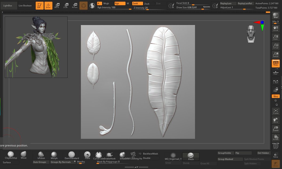 Splanyic's tweet image. Today I finished the base for the dagger and sculpted the leaves for the cloak — I’ll bake them later during the texturing stage.
Just a bit more polish on the high-poly meshes, and then I can finally move on to retopology 🐸
#3D #art #divinity2 #zbrush #wip