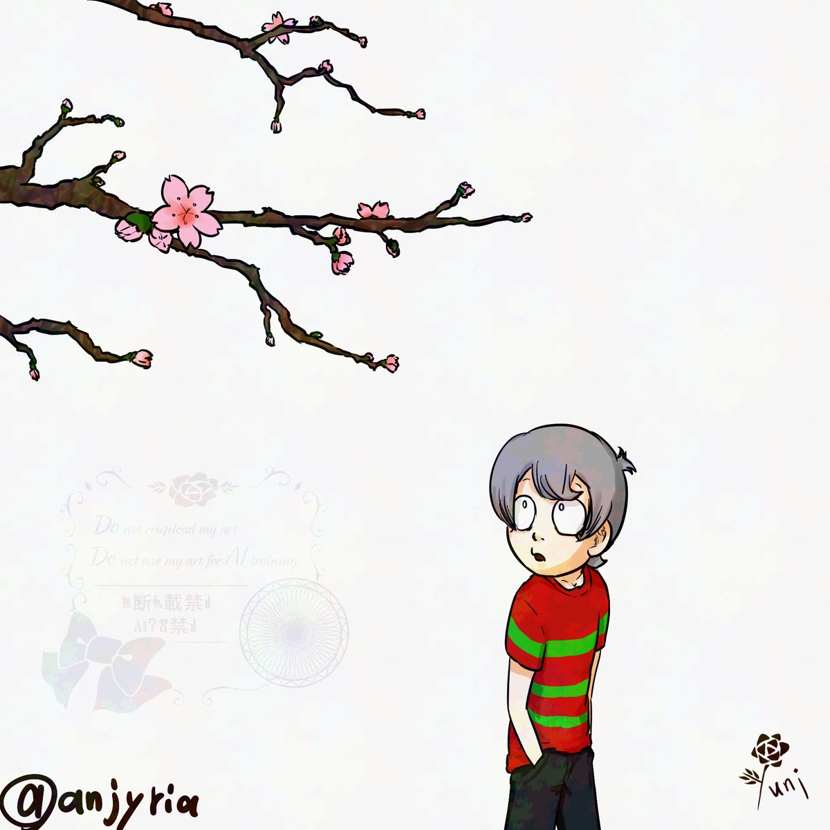 #akmknワンドロワンライ 
お題：「春の足音」
背景はいろいろ考えた結果消滅しました。