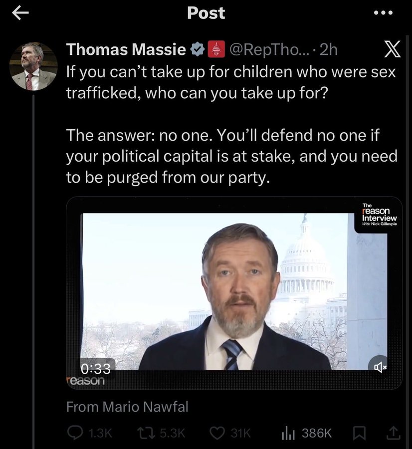 Can someone point me any posts from Thomas Massie praising the fact that the FBI under <a href="/FBIDirectorKash/">FBI Director Kash Patel</a>  and <a href="/dbongino/">Dan Bongino</a> arrested over 1,700 child predators this year, 205 child sex abuse offenders were arrested, and that over 467 children were recovered/rescued?

Can you find a