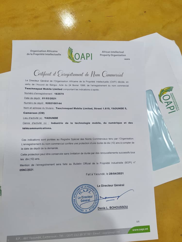 My_Teachmepad's tweet photo. Merci à l'@OAPI_TWIT : Certificat &amp; Enregistrement du Nom Commercial de notre entreprise @My_Teachmepad bel et bien reçu en ce début d'année 2026. Prochaine étape @OMPI @WIPO 

Teachmepad Mobile Limited
https://t.co/OWWzqJUNHQ
Afrique +237 6 21 80 30 26
Europe +33(0)624 31 37 68 https://t.co/ldbQSTAqEG