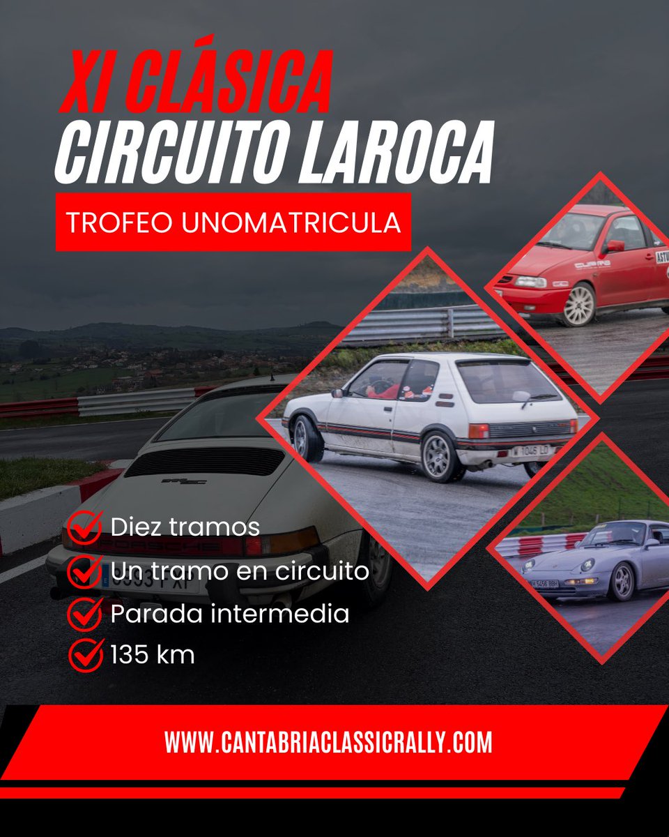 XI Clásica Circuito LaRoca-Trofeo Unomatricula 🏆

Tres semanas para la primera cita de la Challenge Cantabria Classic Rally Grünblau Motor de Regularidad 2️⃣0️⃣2️⃣6️⃣

📍 Circuito LaRoca
🗓️ 7 de marzo 
⏰ 12:00

ℹ️ cantabriaclassicrally.com

#aRally #Classic #Regularidad ⏱️