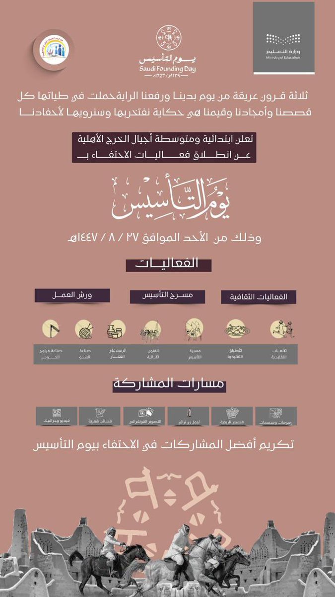 🇸🇦يوم تأسيسنا يوم عز وفخر 🇸🇦
هكذا تحتفي مدارسنا،
ابتدائية ومتوسطة  أجيال الخرج الأهلية 
بيوم الفخر والعزة والكرامة
 (يوم التأسيس)..وذلك يوم الأحد القادم الموافق 
27 / 8  /1447هـ
نحتفل بهذا الحدث العظيم مع أبنائنا وثمرة مدارسنا من أبطالنا الطلاب.
يسعدنا مشاركتكم في المعرض الفني 🇸🇦