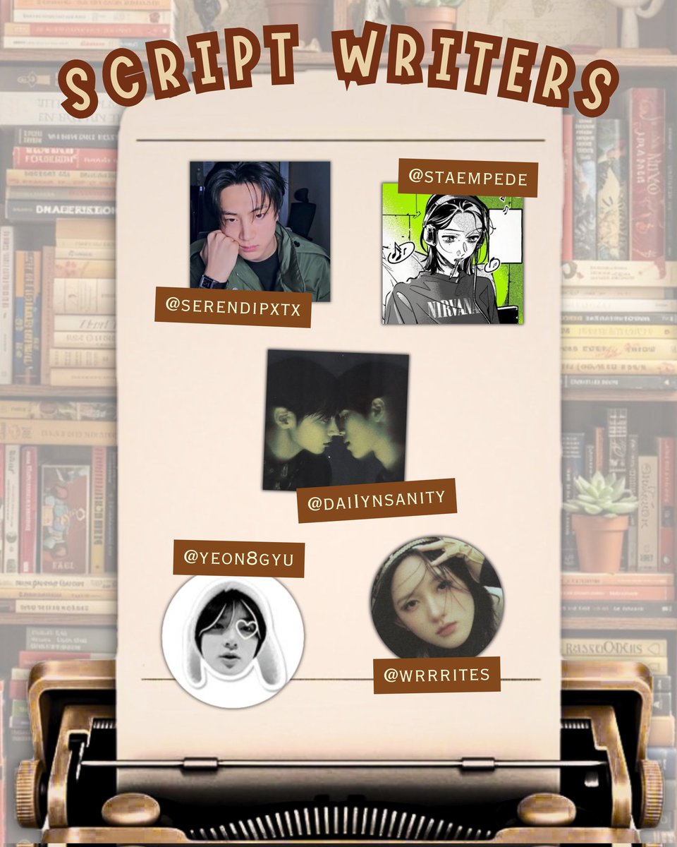 bamreunio's tweet photo. 📻🐻 GYU FM 1303 — SCRIPT WRITERS

you drop the prompt, they create the magic🪄 

say hi to the script writers of Gyu FM 1303✨✨
please give them lots of love 🤎

@serendipxtx
@staempede
@daiIynsanity
@yeon8yu
@wrrrites

#TuningInToGyu 
#GyuFM_OnAir 
#GyuFM1303 https://t.co/oTz9iSeLTk