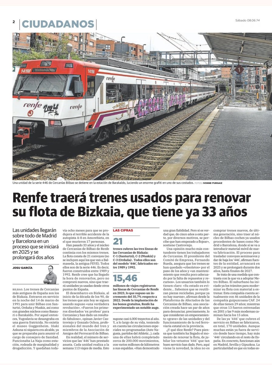 jorgebilbao89's tweet photo. @Renfe @Adif_es @Inforenfe
¿La solución para Bizkaia es traer trenes usados?
Una flota con más de 30 años y la “renovación” son unidades de segunda mano.
Retrasos, trenes envejecidos y estaciones en mal estado.
Bizkaia merece inversión real, no parches.
#Bilbao https://t.co/QoHkj066Zk