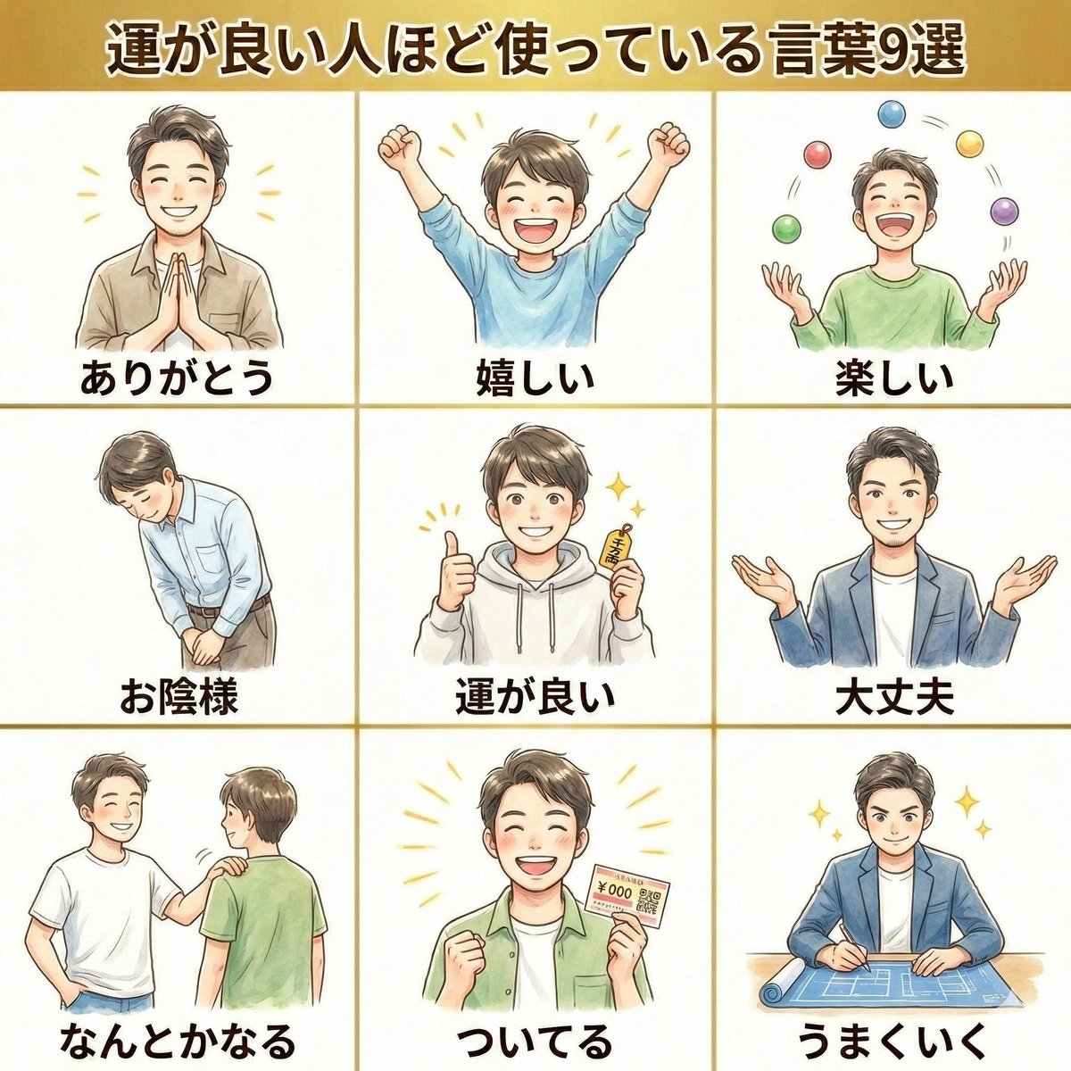 personslink's tweet photo. 【運が良い人ほど使っている言葉❾選】

❶ありがとう
❷嬉しい
❸楽しい
❹お陰様
❺運が良い
❻大丈夫
❼ なんとかなる
❽ ついてる
❾ うまくいく

このようなXやYouTubeでは、あまり話せていない幸せの秘訣はコチラ⇩
https://t.co/GX7VGKw8gq https://t.co/ngU3zQGqLI