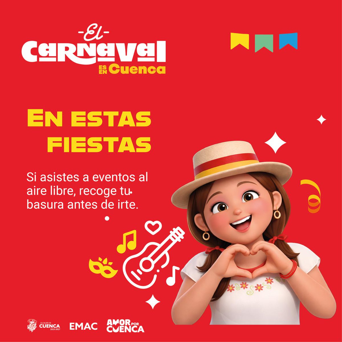 En este Carnaval, Cuenca brilla porque la cuidamos juntos.

Si asistes a eventos al aire libre, recoge tus residuos antes de retirarte.

La fiesta termina, pero el compromiso con la ciudad continúa.

Buenas prácticas y pago puntual de la tasa de recolección hacen posible un