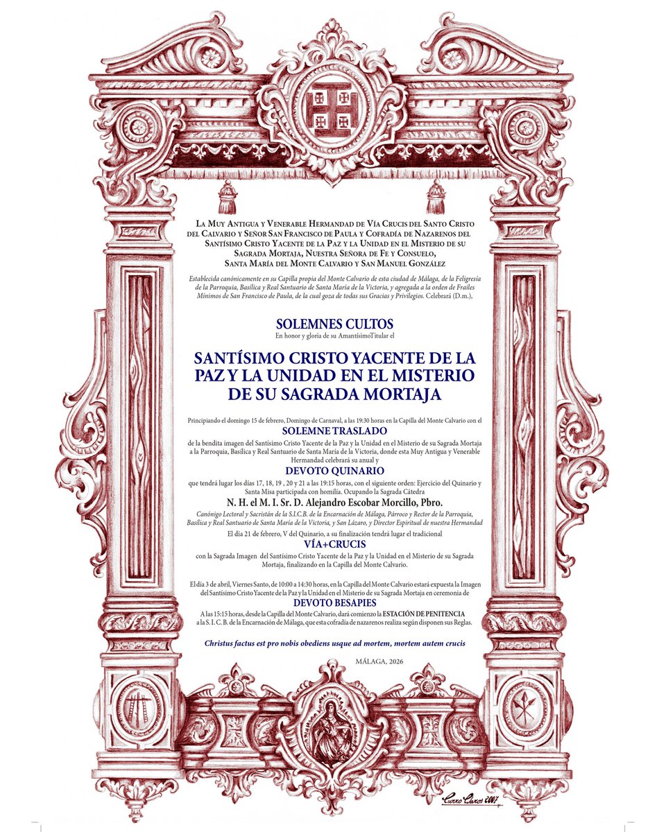 🕯 CULTOS | Solemne Quinario en honor y gloria al Santísimo Cristo Yacente de la Paz y la Unidad en el Misterio de su Sagrada Mortaja. #CofradíasMLG

⛪️ Santuario de Santa María de la Victoria (<a href="/Pvictoriamalaga/">Parroquia Basílica Real Santuario Victoria Málaga</a>).
📅 17 - 21 de febrero.
🕰 19:15h.