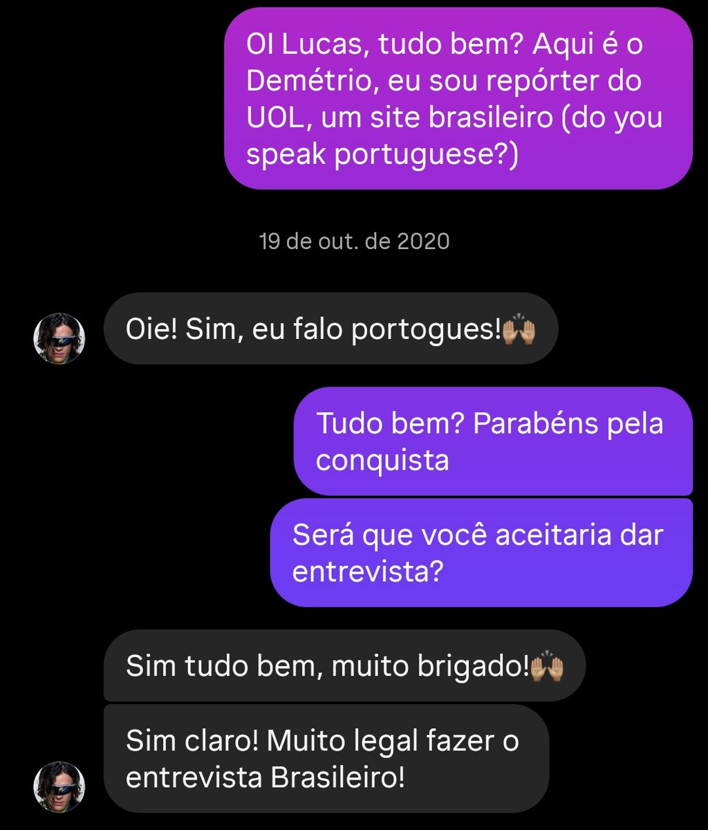 Faz cinco anos e uns meses que mandei mensagem pro Lucas pedindo uma entrevista.

Na entrevista, ele disse que o sonho dele era competir pelo Brasil. 

Vai, caralho. Puta que pariu!!!!!