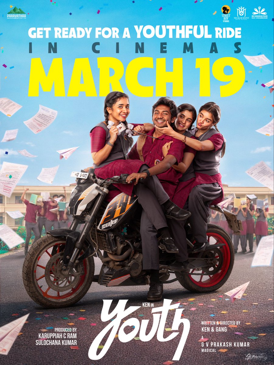 #Youth - RELEASING IN THEATRES WORLDWIDE ON MARCH 19th 🥁

Happy Valentine’s Day, everyone ❤️✨

Triple the Fun.
Triple the Madness.
Triple the Love💥 🎬✨

A soulful <a href="/gvprakash/">G.V.Prakash Kumar</a> musical 🎶 

#Paarvathaa01 × #KenKarunaas
#KenInYouth
<a href="/KenKarunaas/">Ken Karunaas</a> <a href="/The_KCR/">Karuppiah C Ram</a> #SurajVenjaramoodu