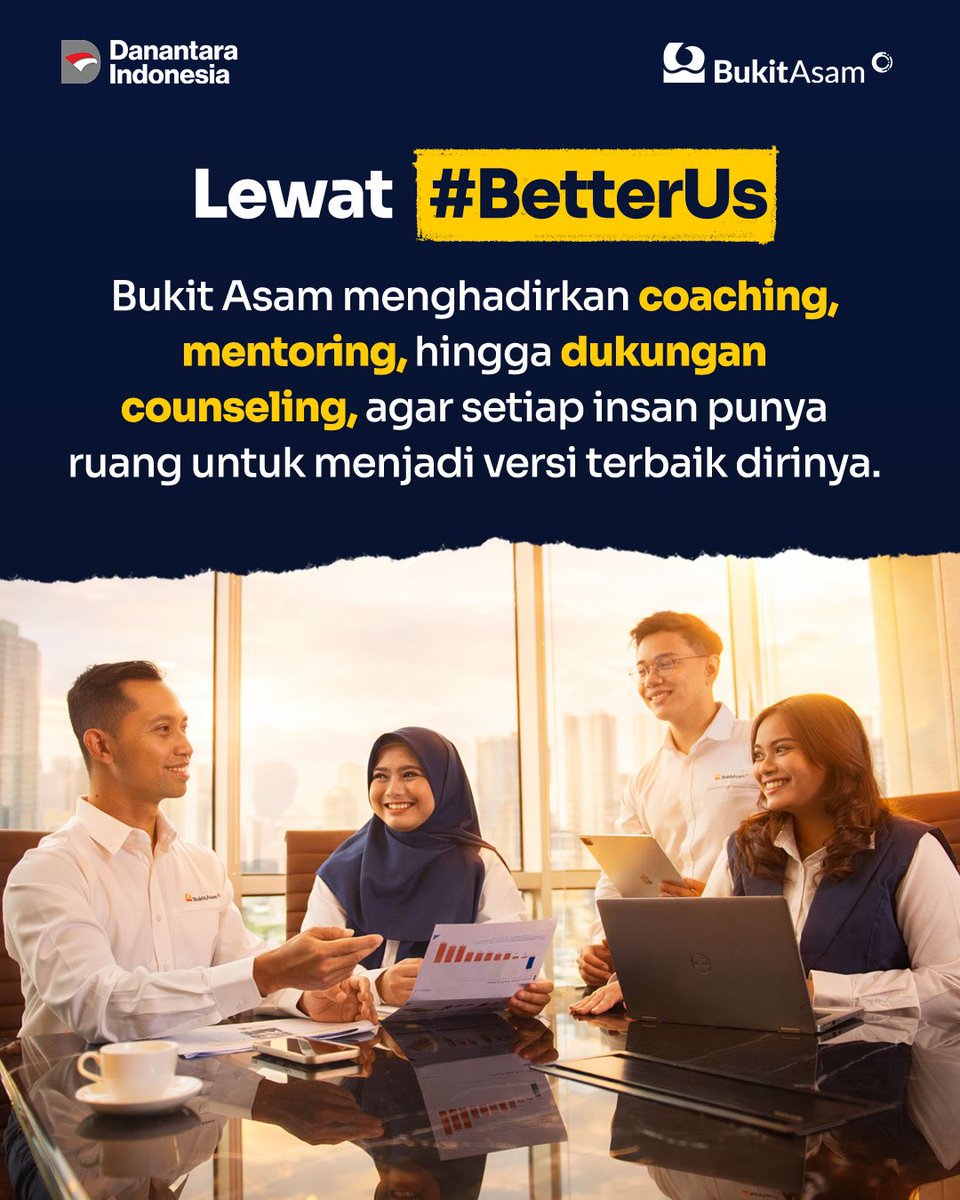 BukitAsamPTBA's tweet photo. Lewat #BetterUs, Bukit Asam mendorong hal itu jadi nyata.
Mulai dari penguatan peran pemimpin melalui coaching & mentoring, hingga layanan counseling yang mencakup kesehatan mental, finansial, dan nutrisi. https://t.co/3RDK3n2sI1