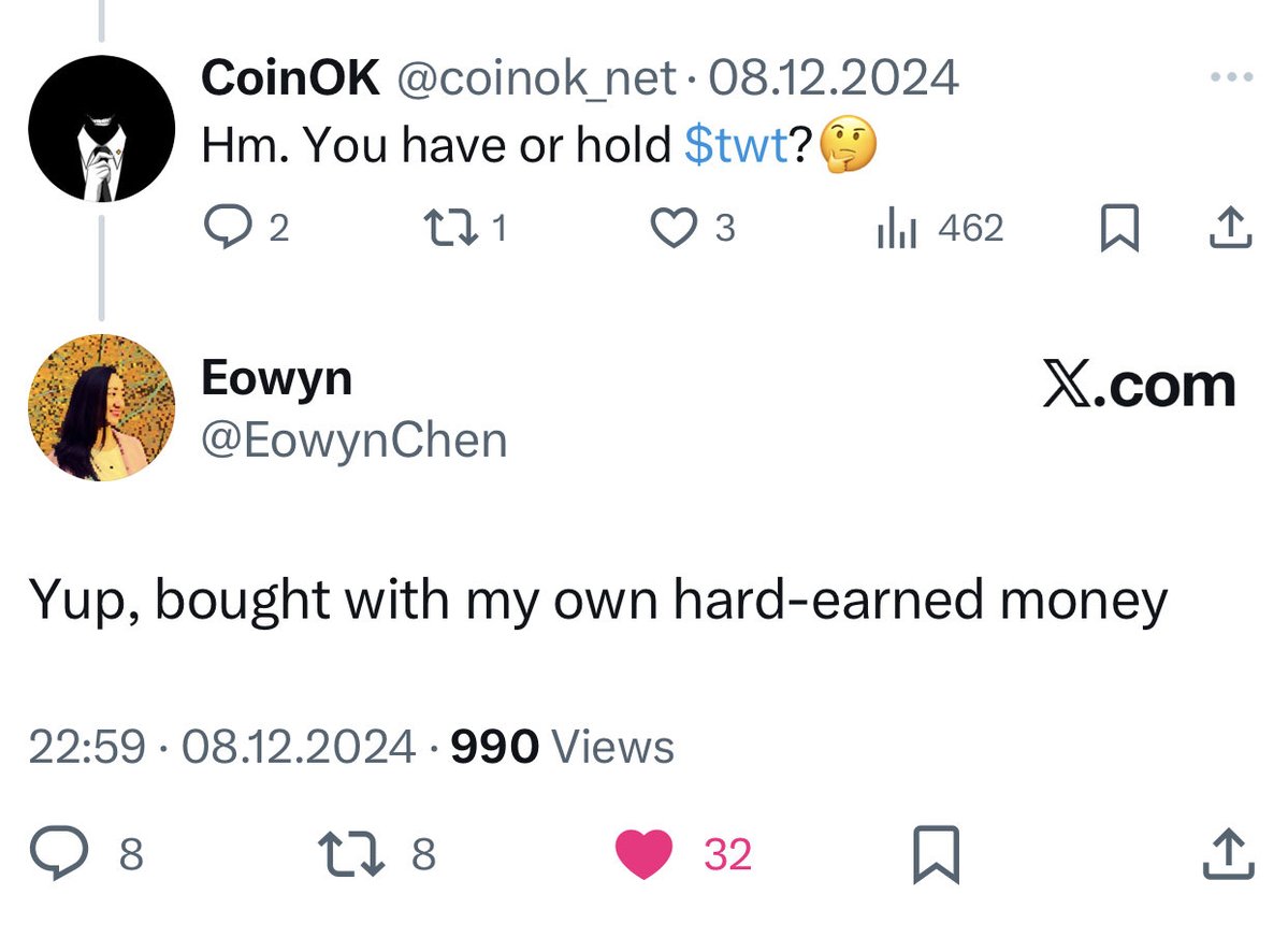 7# Thinking out loud:  

If CEO <a href="/felix_fan/">Felix</a> refused or allocated a significant % of salary - to buyback $TWT FROM MARKET that would be a powerful signal to community about his real goals

Many founders/CEOs have publicly known wallet addresses 

Simple words are not enough anymore