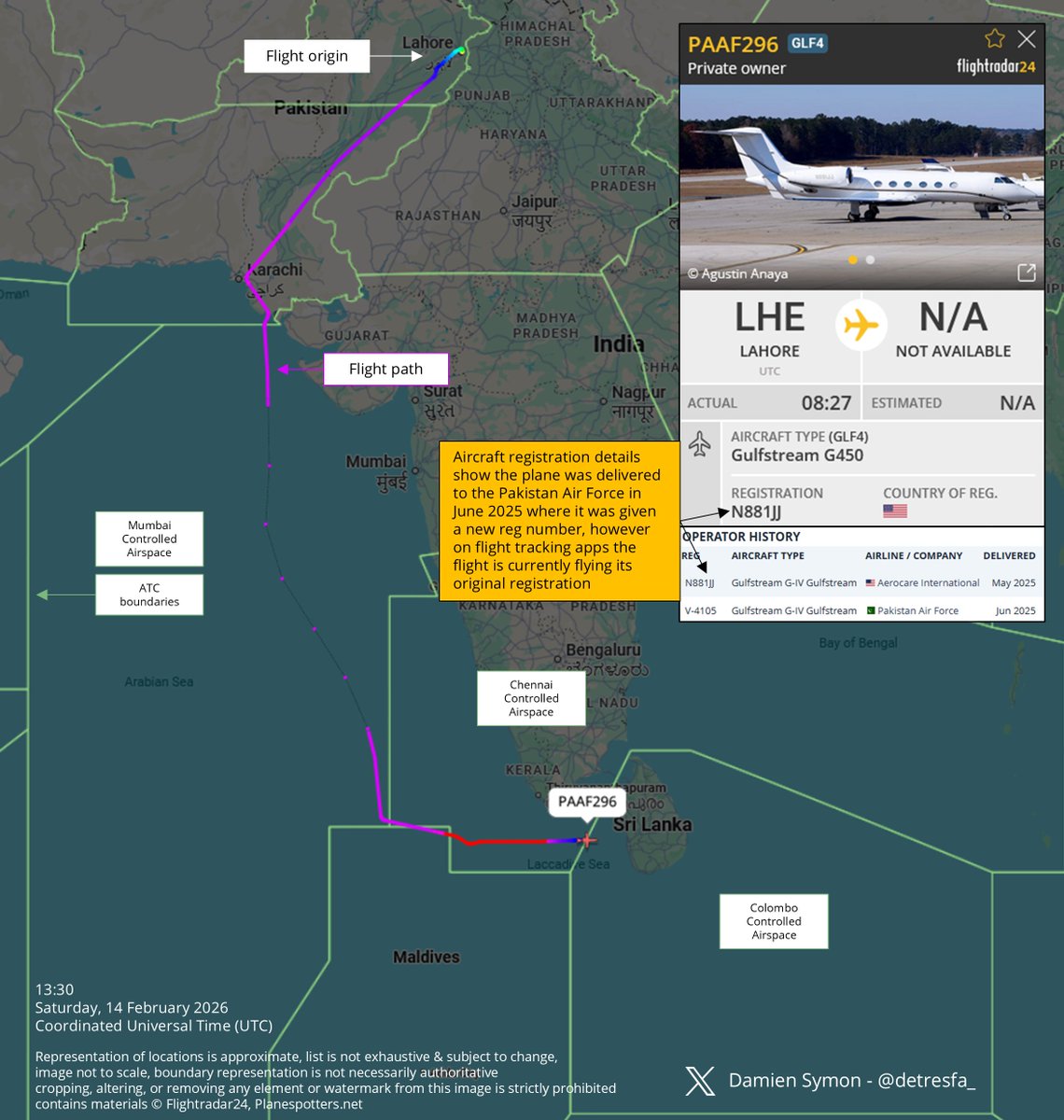 Despite an ongoing ban on Pakistan registered, operated or leased aircraft within Indian airspace, a Pakistan Air Force aircraft appears to have transited India controlled airspace today, en route from Lahore to Sri Lanka