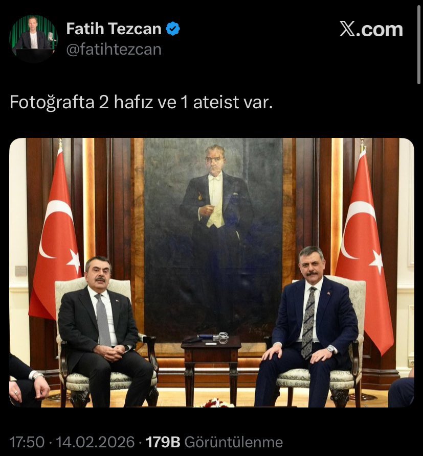Atatürk’e “ateist” diyen 
Fatih Tezcan tutuklansın. 

"Bu söylem, Türkiye Cumhuriyeti’nin kurucusu Mustafa Kemal Atatürk’e açık bir saygısızlıktır. Düşmanlıktır.!"