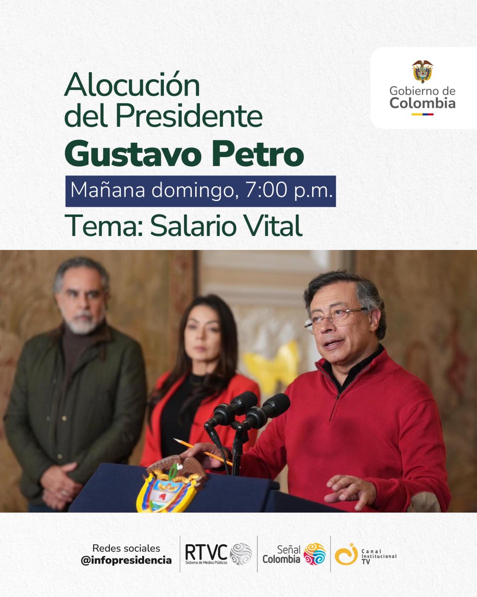 🔴 Conéctate mañana domingo 15 de febrero a la alocución del Presidente <a href="/petrogustavo/">Gustavo Petro</a>, donde hablará sobre el Salario Vital. 

Te esperamos a las 7:00 p.m. en nuestras redes sociales o el canal de tu preferencia. 

#SalarioVitalSeDefiende