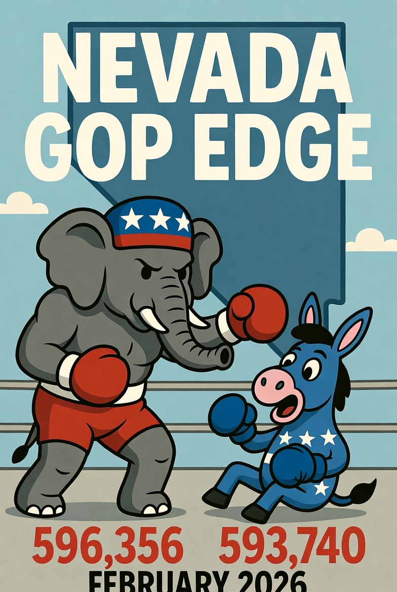 RealWashoeGOP's tweet photo. Happy Valentines Day Nevada.🚨

Today the NVGOP has a +2,616 advantage over Democrats for active voters on the rolls!

🔴GOP: 596,356
🔵Dem: 593,740

This is the first year since 2007 in which there are more active Republicans than Democrats in the state. https://t.co/FQBNA4ivuT