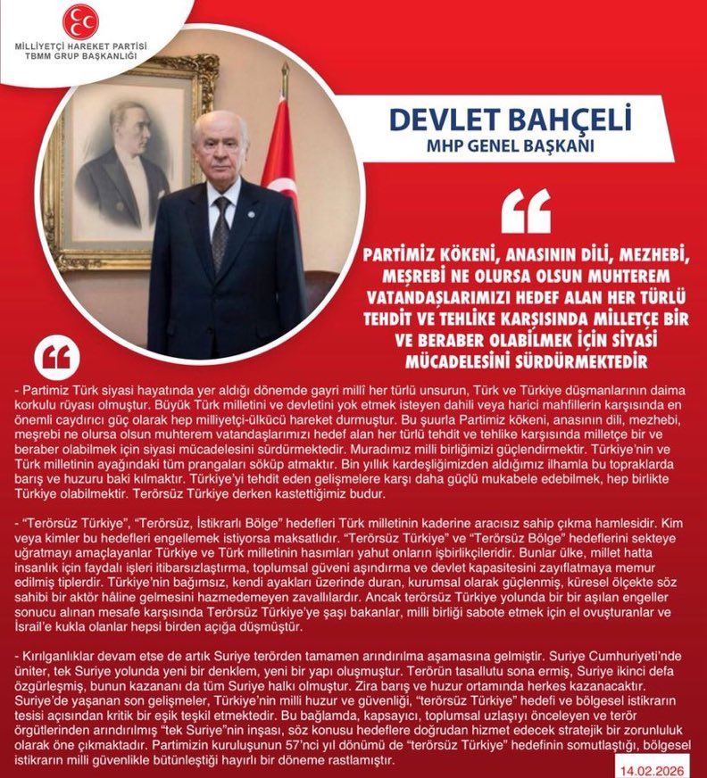 Genel Başkanımız Sayın Devlet Bahçeli <a href="/dbdevletbahceli/">Devlet Bahçeli</a>: Partimiz kökeni, anasının dili, mezhebi, meşrebi ne olursa olsun muhterem vatandaşlarımızı hedef alan her türlü tehdit ve tehlike karşısında milletçe bir ve beraber olabilmek için siyasi mücadelesini sürdürmektedir