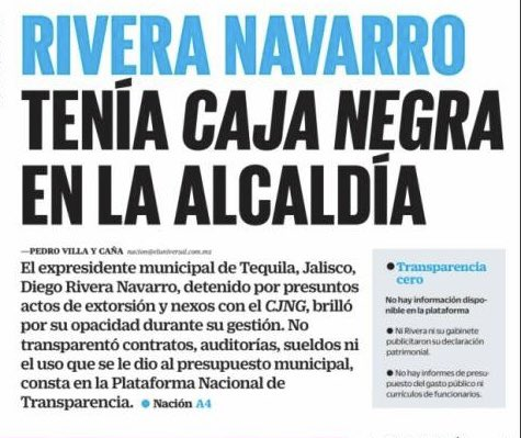 MLopezSanMartin's tweet image. Caja negra en #Tequila

Además de la extorsión, la gestión del morenista Diego Rivera se volvió sinónimo de opacidad

Omitió reportar información en la Plataforma Nacional de Transparencia

Contratos, sueldos y declaraciones patrimoniales sin transparencia