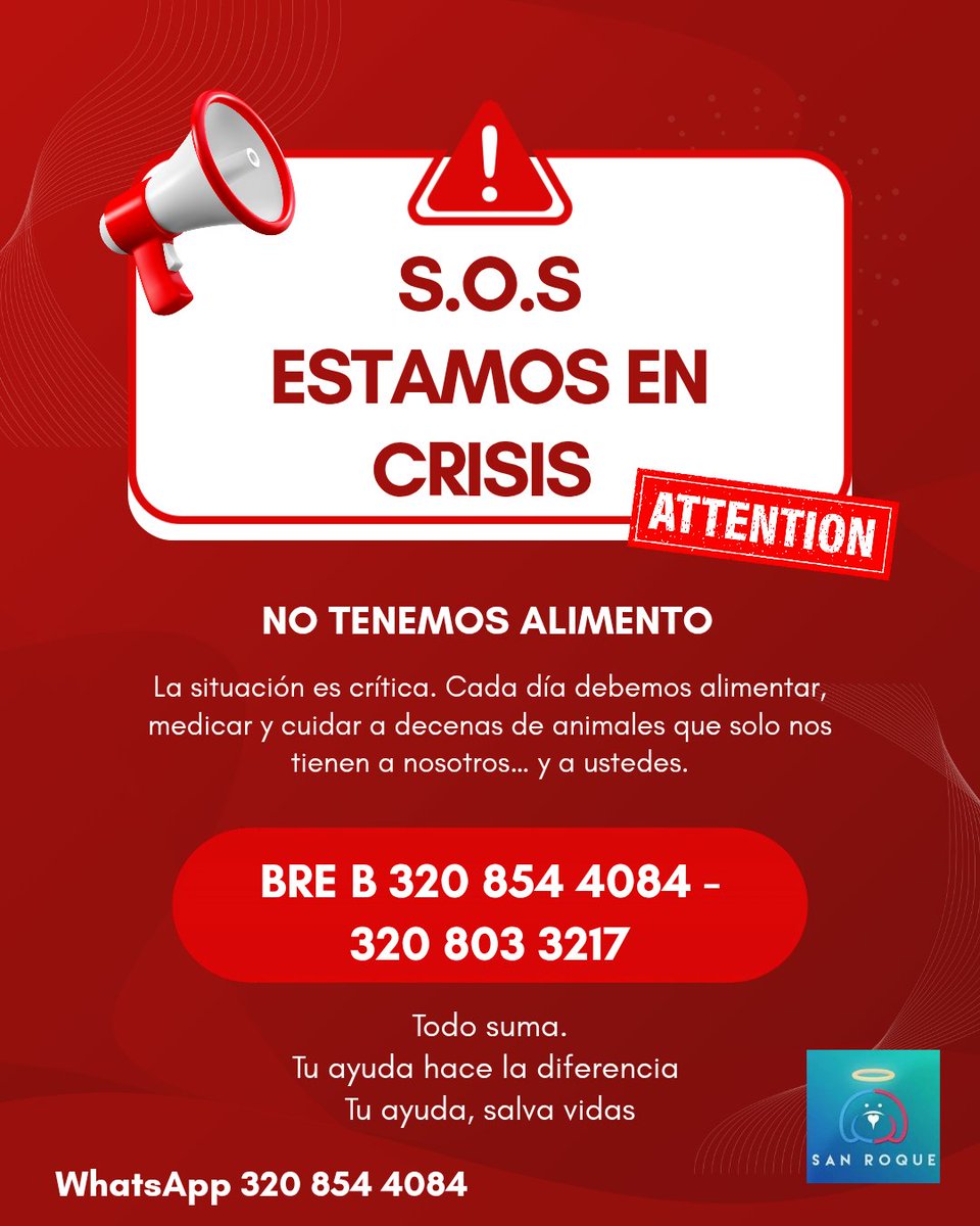 🚨 S.O.S – FUNDACIÓN SAN ROQUE 🚨

Hoy necesitamos de ustedes más que nunca.
❌ No tenemos alimento para nuestros rescatados.
❌ Tenemos una deuda veterinaria que supera los $5.000.000.
❌ Aún seguimos buscando a MAYA, que continúa desaparecida y necesita tratamiento urgente.

La