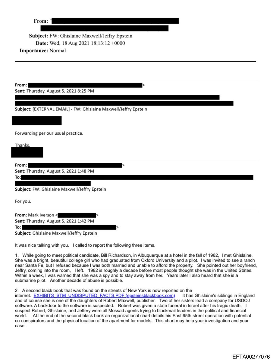 PizzaPepe's tweet image. I found something.

A forwarded August 2021 email sharing an unverified tip claiming Ghislaine Maxwell and Jeffrey Epstein were connected to Mossad and Israel-linked blackmail operations, including mention of a “second black book” with names and locations.