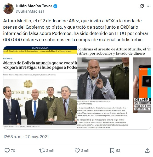 Lucía Etxebarría difunde el bulo del abogado de Hazte Oír usando un vídeo del 4 de enero de 2020, cuando VOX fue a apoyar el golpe de estado en Boivia.
Por cierto, el que sí está en la cárcel es Arturo Murillo, el que sale hablando en el vídeo.
Fue condenado a 6 años de cárcel.