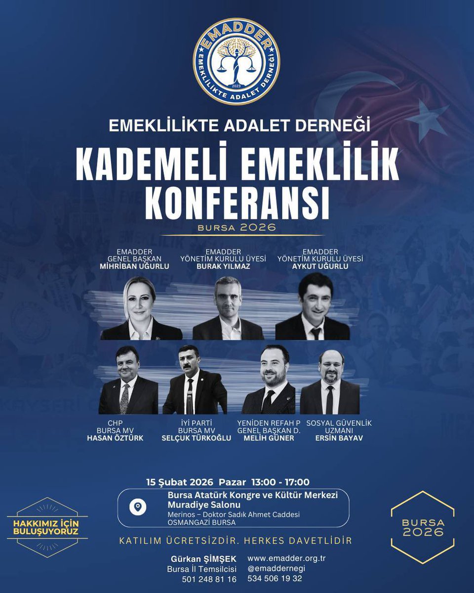 Emeklilikte Yaş Kademesi 2 Yıldan 20 Yıla Çıkamaz!!! 8 Eylül 99 Girişli 38 Yaşında Emekli 1 Gün Sonra 9 Eylül 99 Girişli 20 Yıl Sonra Emekli Olamaz!!! Kademe Haktır Şarttır Derhal Yasalaşmalıdır!!!! Kademe Bekleyen Emekçiler Bursa’da Buluşuyor!!! <a href="/EmadDernegi/">EMEKLİLİKTE ADALET DERNEĞİ ⚖️</a> 
#KademeİçinYasa