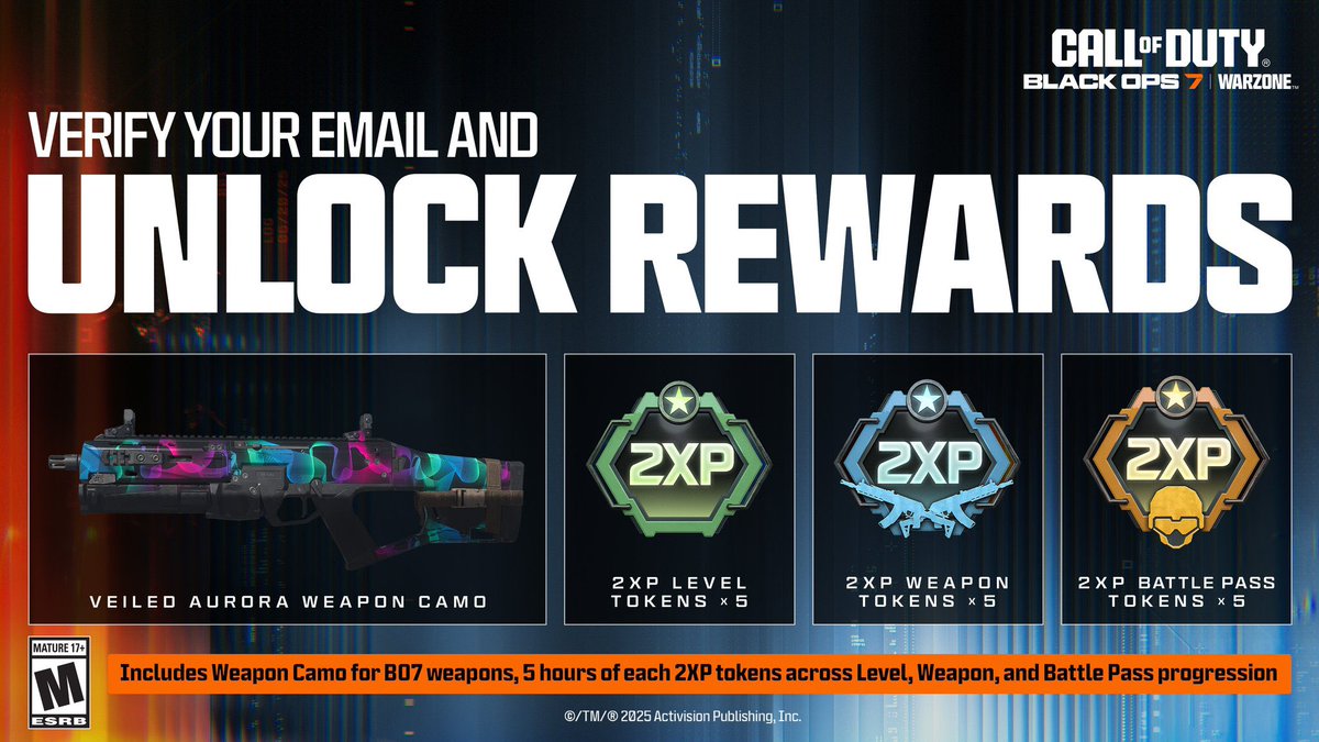 Verify your email and earn the Veiled Aurora Weapon Camo plus Double XP tokens available to use in #BlackOps7 👉 callofduty.com/verify-email