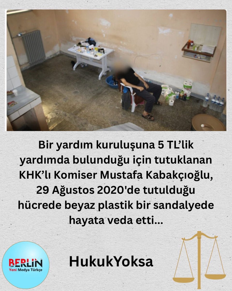 Bir yardım kuruluşuna 5 TL'lik yardımda bulunduğu için tutuklanan KHK'lı Komiser Mustafa Kabakçıoğlu, 29 Ağustos 2020'de tutulduğu hücrede beyaz plastik bir sandalyede hayata veda etti...

HukukYoksa

Papara Park’ta 
#TSvFB 
#FenerinMaçıVar 
Arda Turan