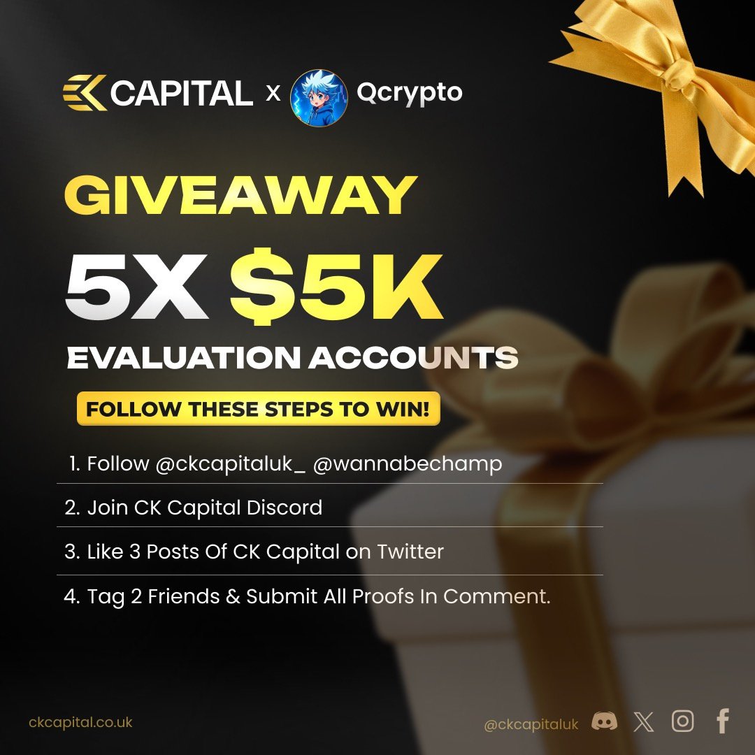 🎁 GIVEAWAY ANNOUNCEMENT 🎁
CK CAPITAL x Qcrypto 🤝

The Prize:
💰 5X $5K EVALUATION ACCOUNTS 💰

Follow These Steps to Win! 👇
✅ Follow <a href="/ckcapitaluk_/">CK Capital</a>  <a href="/wannabechamp/">Dan Cheung</a> and <a href="/Qcrypt0/">Qcrypto</a>

✅ Join CK Capital Discord
discord.gg/ck-capital-121…

❤️ Like 3 posts of CK Capital on Twitter

👥