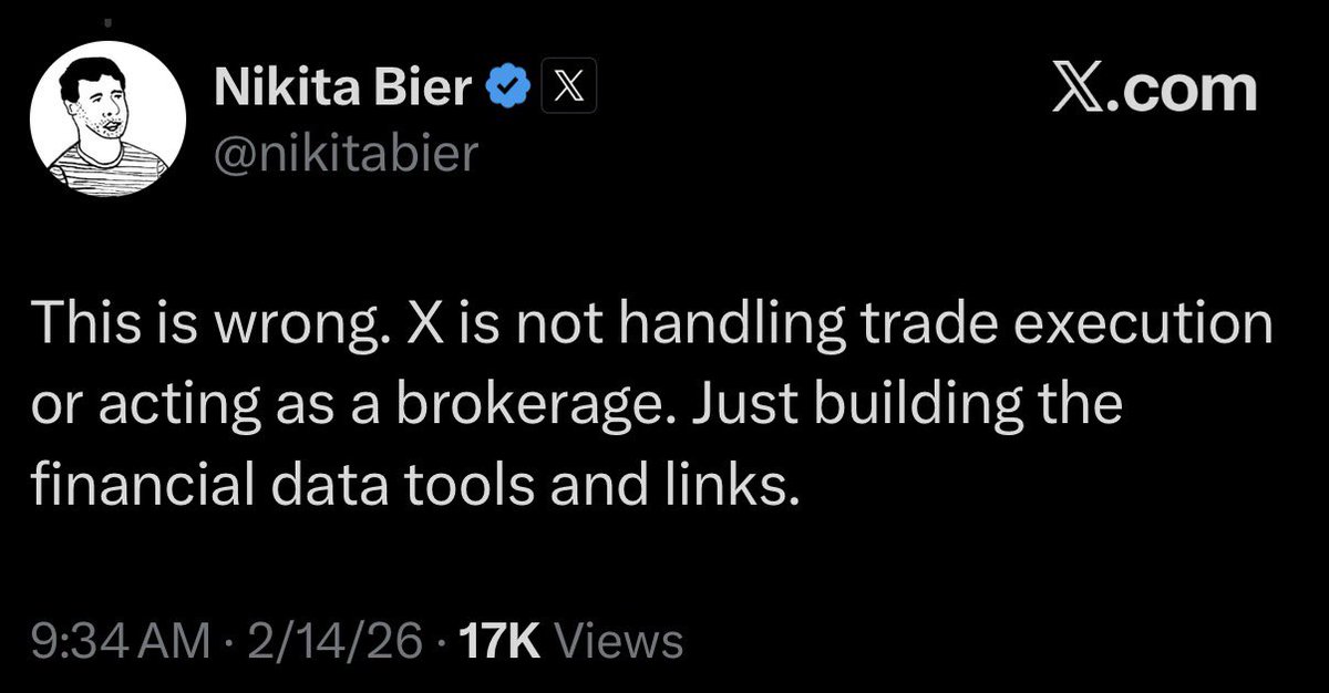UPDATE: X will NOT offer Crypto and Bitcoin trading directly to its users.

X head of product Nikita Bier has clarified that the platform will not handle trade execution or act as a brokerage.

Instead, X is building Smart Cashtags financial data tools that let users view live