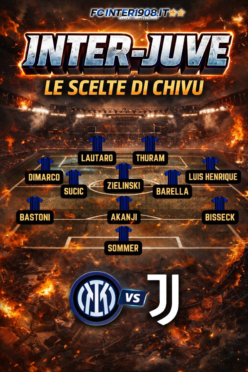 marifcinter's tweet image. INTER-JUVE, LA FORMAZIONE UFFICIALE DI CHIVU

Sommer; Bisseck, Akanji, Bastoni; Luis Henrique, Barella, Zielinski, Sucic, Dimarco; Thuram, Lautaro

@fcin1908it 

#InterJuventus #SerieA #Fcinter1908