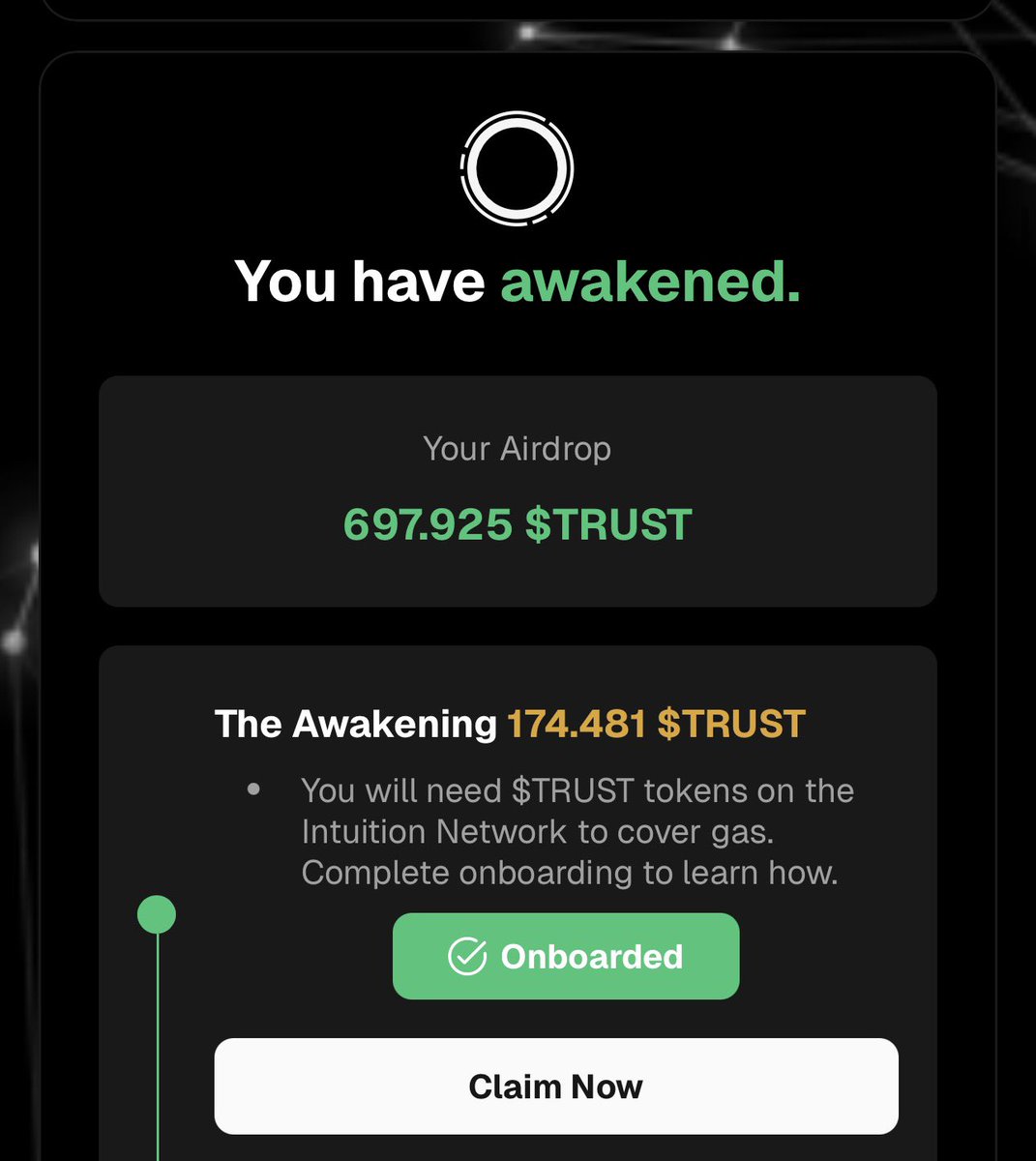 🎁 $TRUST Airdrop is happening now

Quick rundown:
→ Move your assets over to the Base chain
→ Head over to start claiming your tokens: quests-intuition.systems/claim
→ Bridge back and trade on $JUP
Done and dusted! ✅  
$RIO