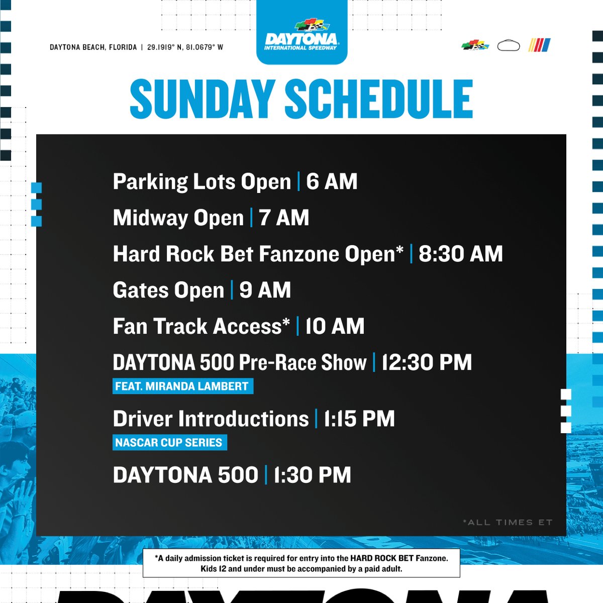 Updated timing for tomorrow's #DAYTONA500. 

We thank you for your patience.