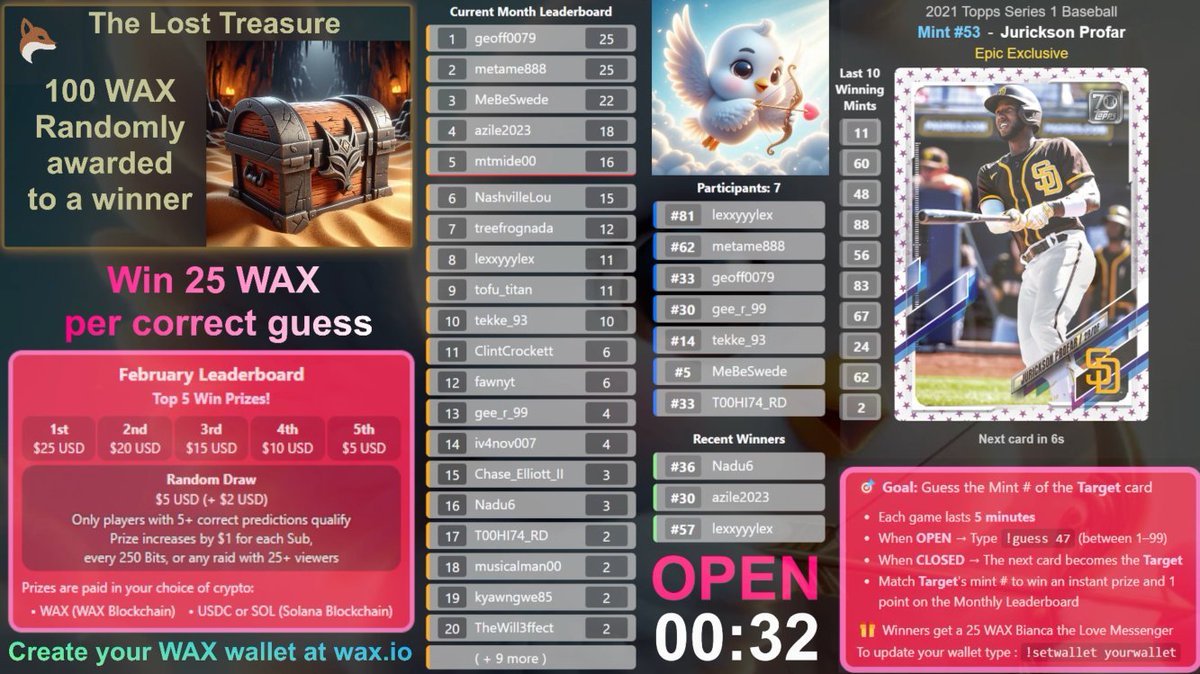 💘 Valentine’s Day is the perfect day to play… and WIN!

I’m live all day with 🎶 ONLY LOVE SONGS 🎶

🍀 Bring your Valentine’s luck with you — it’s all about luck!
💰 25 WAX prizes per win… or more!
🆓 Free to play
⏱️ Fast 5-minute games

Good vibes, love songs, and lucky wins