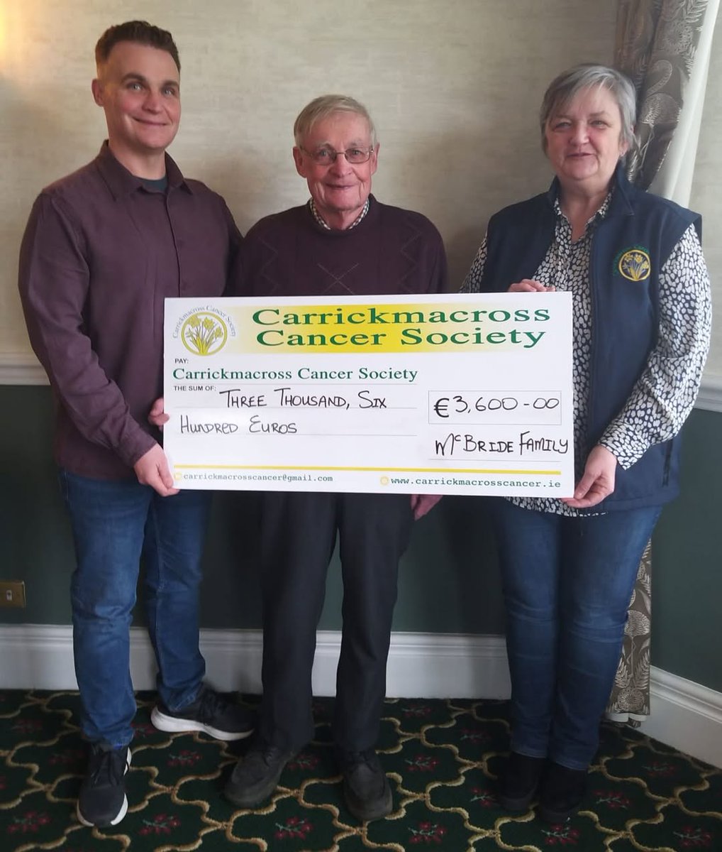 Donation made to Carrickmacross Cancer Society, thanks again to everyone who helped us raise this amount!