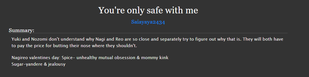 <a href="/narentinesday/">NagiReo Valentine's Day</a> #nagireovday #nagireo
Happy valentines day 
I have come to give my offerings: not one but 2 nagireo fics one for sugar and one with some spice 
I hope yall enjoy 
sfw:archiveofourown.org/works/79530651
nsfw:archiveofourown.org/works/79531321