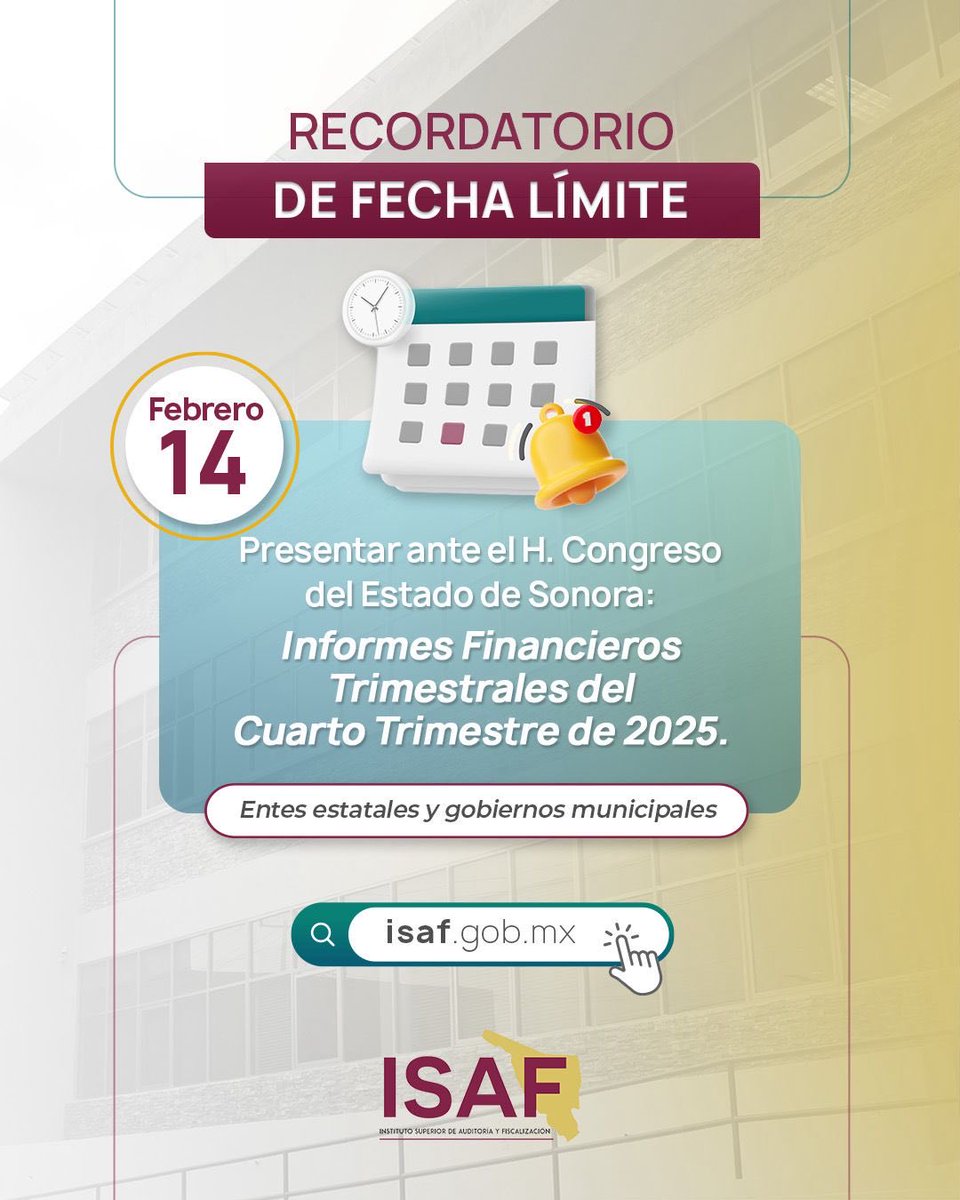 📢 Recordatorio Importante

Se recuerda a los entes estatales y gobiernos municipales la obligación de presentar ante el H. Congreso del Estado de Sonora los Informes Financieros Trimestrales correspondientes al Cuarto Trimestre de 2025.
