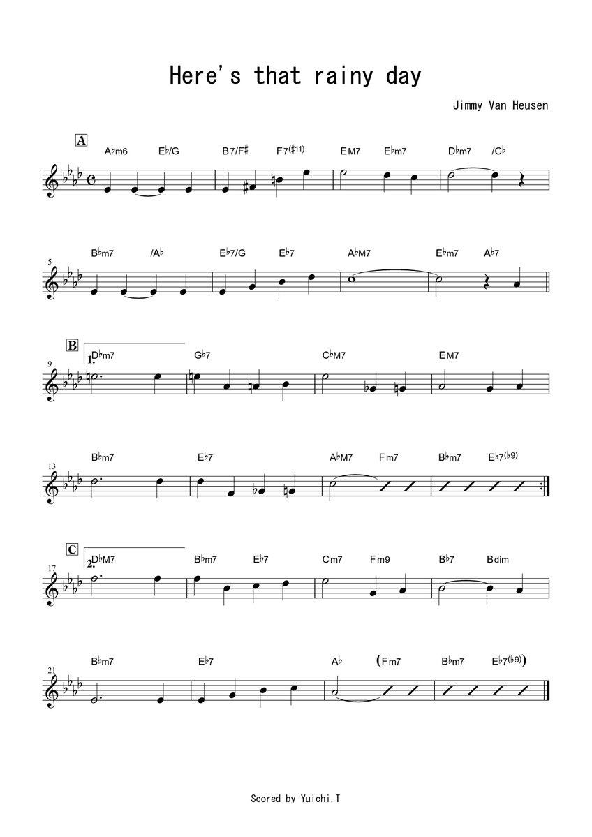 ボーカル　ビッグバンド譜面：HERE'S THAT RAINY DAY Here's that rainy day って、Key Ab の方がギターで弾きやすいなと