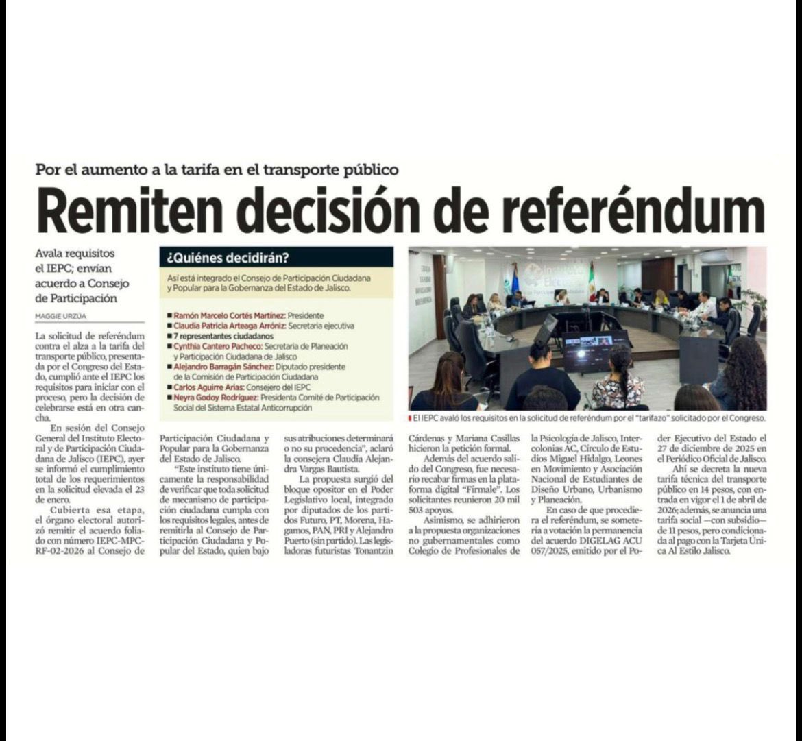 El <a href="/iepcjalisco/">IEPC Jalisco</a> validó que la solicitud de referéndum sobre el aumento a la tarifa del transporte urbano SÍ cumple con los requisitos de ley, y ahora el expediente fue turnado al Consejo de Participación Ciudadana. 

Manténganse atentas y atentos, porque lo que sigue es clave.