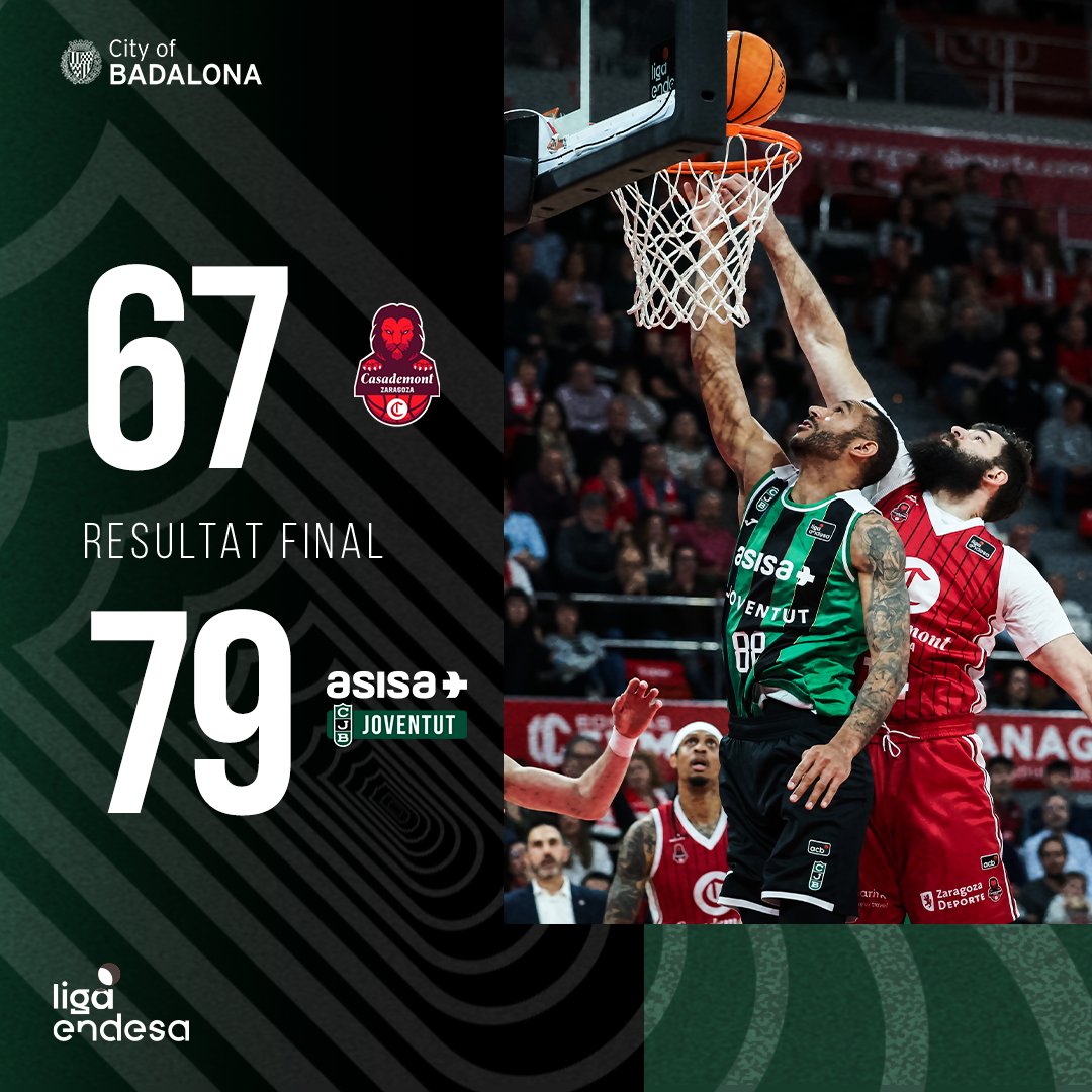 🔚 FINAAAAL! GRAN VICTÒRIA A SARAGOSSA!  

<a href="/casademontBZ/">Casademont Zaragoza</a> 67-79 <a href="/Penya1930/">Club Joventut Badalona</a>

🎯 Cameron Hunt: 20 punts

Sumem el 12è triomf i arribarem amb grans sensacions a la Copa! 💥

#CityOfBadalona #ASISAJoventut