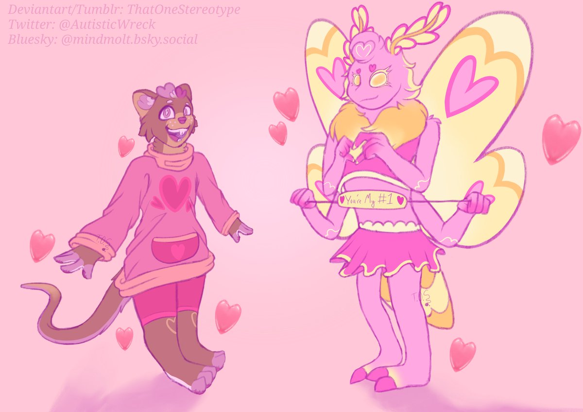 AutisticWreck's tweet image. Since I finished the Valentine's pic early I had time to design some themed OCs. They don't have names but they're based on the quokka and the rosy maple moth.

Dumb tags:
#ArtistOnTwitter #SmallArtist #DigitalArt #FurryArt #FurryOC #FurryOCs #AnthroArt