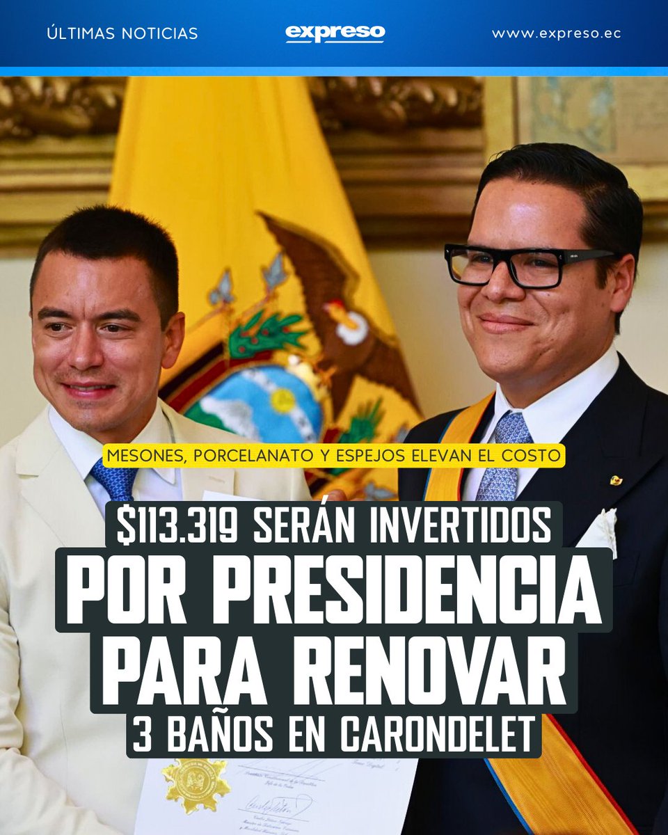 La Presidencia invertirá $113.319,85 en renovar dos baños sociales y uno privado en el Palacio de Carondelet. El baño del despacho del secretario de Integridad Pública, José Julio Neira Hanze, será completamente intervenido.

Amplía la información: bit.ly/40aP4E9