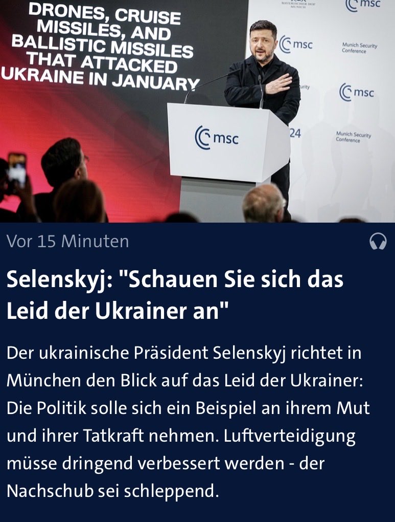 _onlinefirst's tweet image. „Putin ist Sklave des Kriegs.“ Sagt Wolodymyr Selenskyj auf der @MunSecConf. Mein Bericht @BR24 👉 br.de/nachrichten/de…