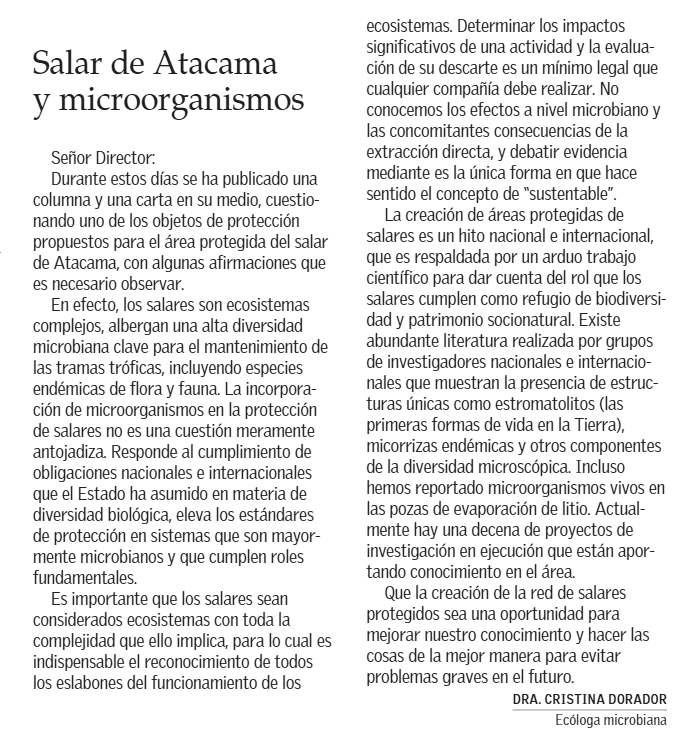 Hay un debate sobre el área protegida que debería crearse en el salar de Atacama. En una columna se señala que se deberían quitar a los microorganismos como objetos de protección porque no hay antecedentes suficientes. Esto apoyado por gremios mineros. Aquí mi respuesta.