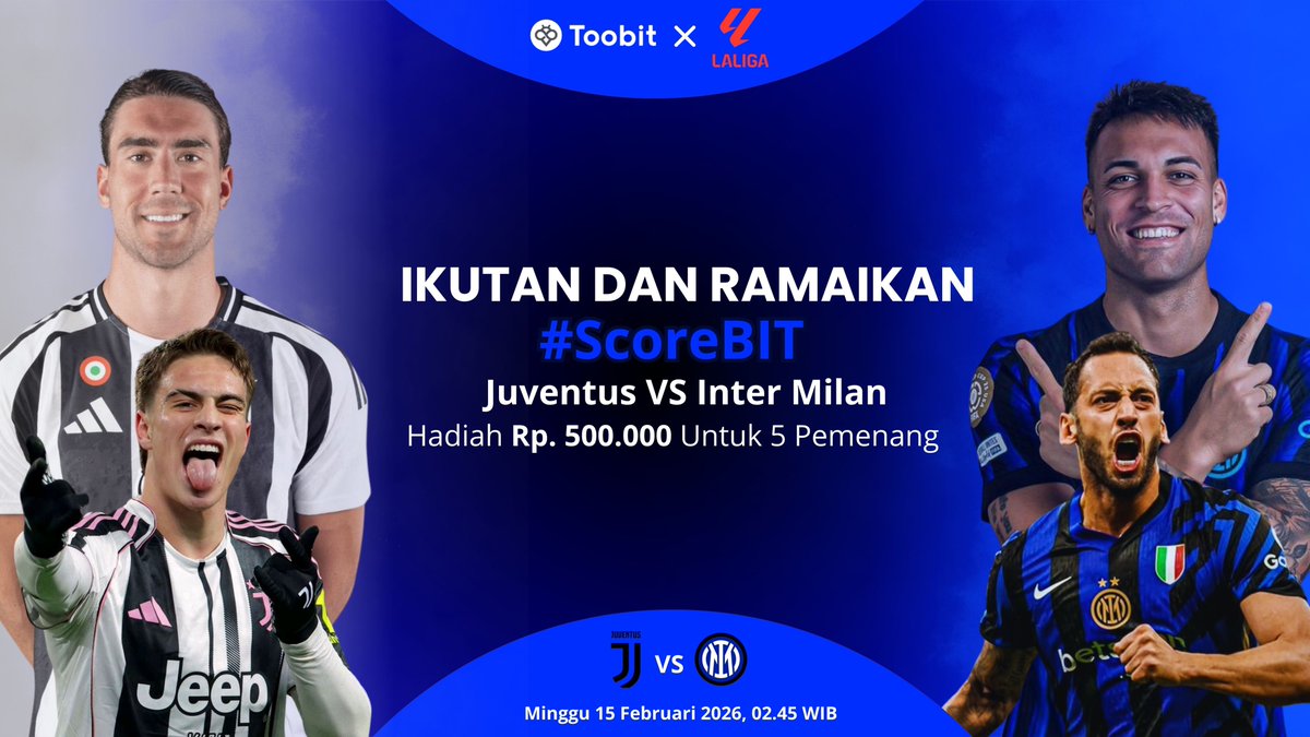 ToobitID's tweet image. ⚽️🔥 #ScoreBIT INTER MILAN VS JUVENTUS! 🔥⚽️

Ikutan seru-seruan bareng Toobit Indonesia!
Tebak skor pertandingan "Inter Milan VS Juventus” dengan benar dan menangkan hadiah menarik 🎁

💰 Hadiah: Rp 500.000 untuk 5 pemenang
📅 Minggu, 15 Februari 2026
⏰ 02.45 WIB ( DINI HARI )…