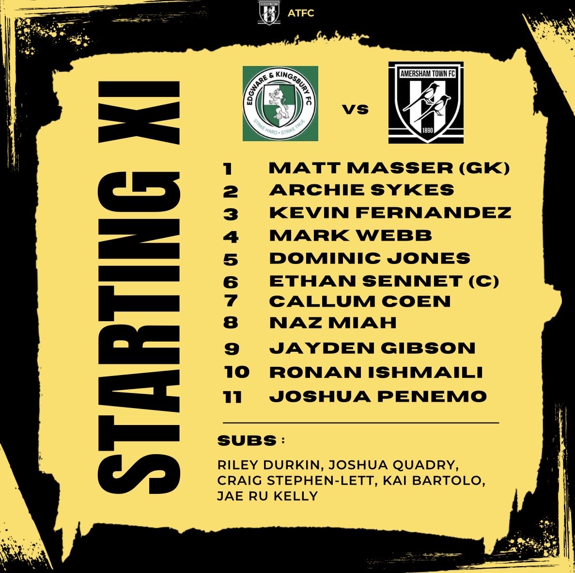 AmershamTownFC's tweet image. Your starting XI for this afternoon’s league clash 💛🖤
All set and ready to battle for the badge 👊⚽️
Come on you Magpies! 🔊
#ATFC #Matchday #letsdothis #amersham