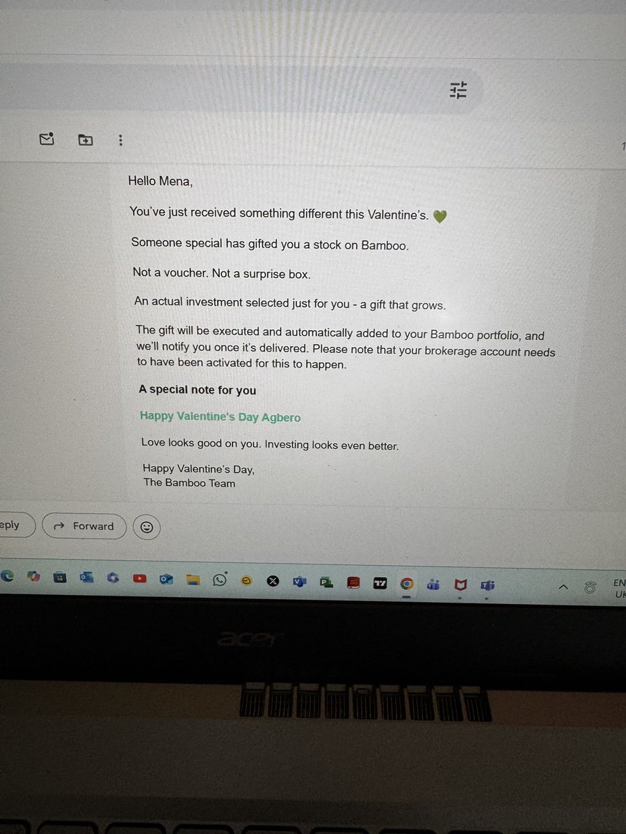 Valentine’s Gift don land o.  Was gifted some stocks on Bamboo and I can’t wait to see which stocks once they have been executed 💃💃💃💃