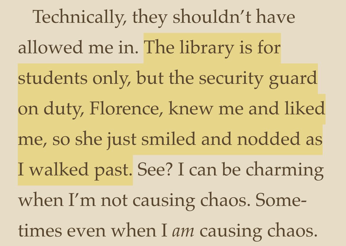 he breaks into annabeth’s school’s library to see her so often that he has a rapport with the security guard bye