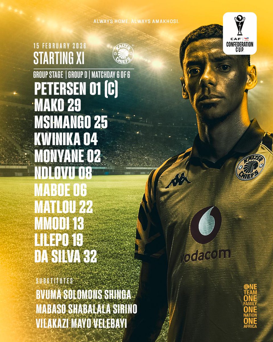 KaizerChiefs's tweet photo. CAF Confederation Cup: Group D: Zamalek SC vs. Kaizer Chiefs 

Starting 11: Petersen ©, Mako, Msimango, Kwinika, Monyane, Ndlovu, Maboe, Matlou, Mmodi, Lilepo, Da Silva 

Subs: Bvuma, Solomons, Shinga, Mabaso, Shabalala, Sirino, Vilakazi, Mayo, Velebayi 

Coaches: Khalil Ben Youssef, Cedric Kaze 

#Amakhosi4Life #TotalEnergiesCAFCC #KCOneAfrica