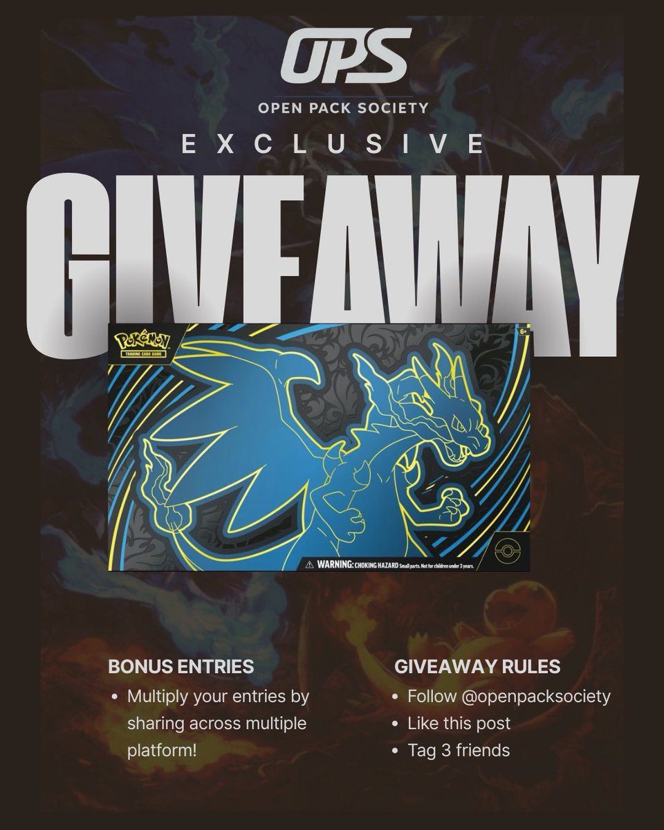 openpacksociety's tweet image. 🔥 OPS EXCLUSIVE GIVEAWAY 🔥
2.14.26 - 2.24.26 / STATUS ACTIVE 

We are giving away one Charizard Ex UPC to one lucky winner! 

How to enter: 
1️⃣: Follow @openpacksociety
2️⃣: Like this post 
3️⃣: Tag 3 friends 
🔥 BONUS: Multiple your entries by sharing across multiple platforms!